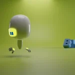 robot finds scattered letters on the floor. (ALT: “BAJET mascot discovers scattered letters — BNPL intro